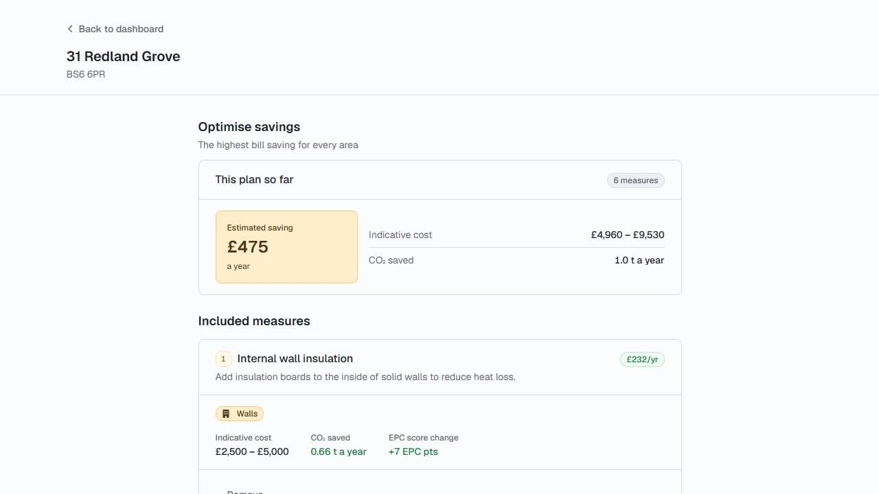 The plan preview, showing estimated saving, indicative cost and CO2 saved