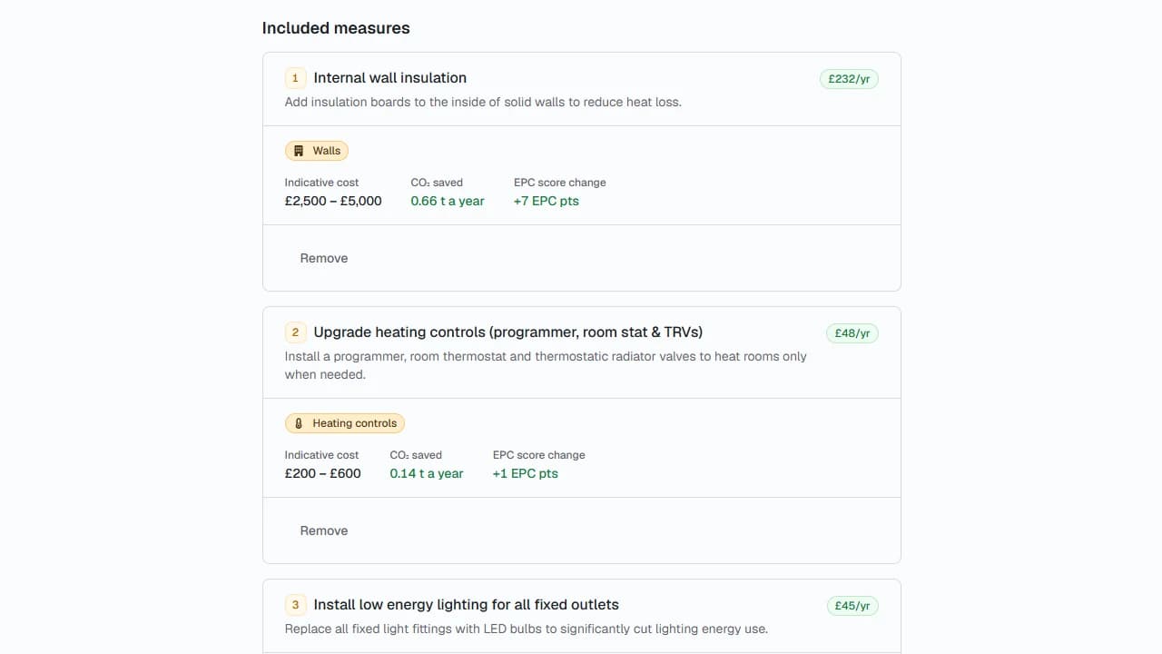 The included measures list, showing internal wall insulation and heating controls with their costs and savings