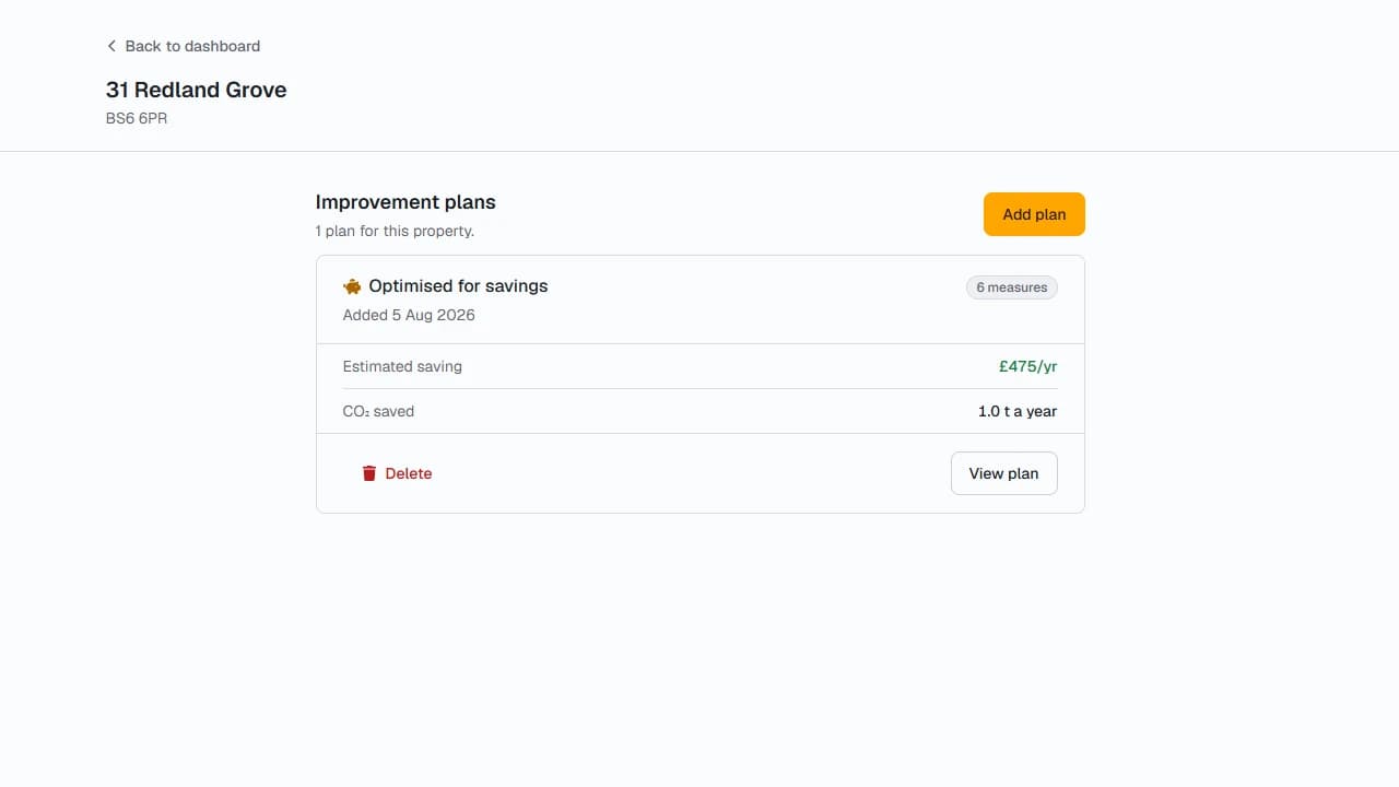 The Improvement plans list, showing the saved Optimised for savings plan