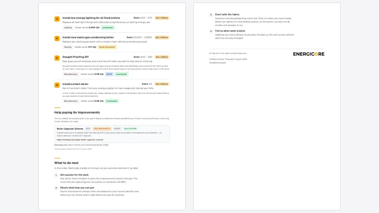 Pages 5 and 6 of the downloaded PDF, showing the remaining measures, grant schemes and next steps