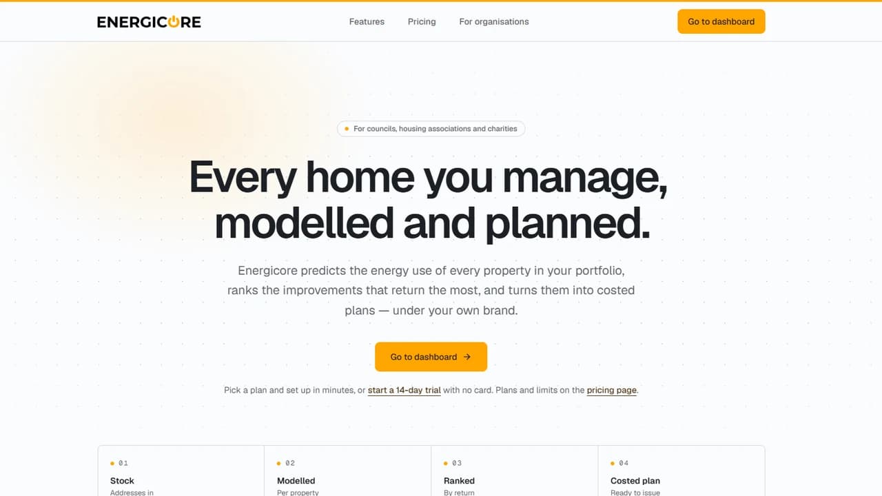 The Energicore home page, with the Go to dashboard button in the top right