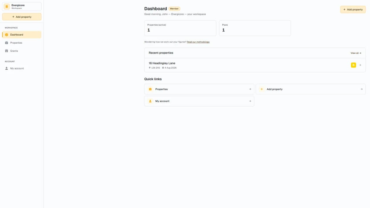 The workspace dashboard, with the Add property button in the top right