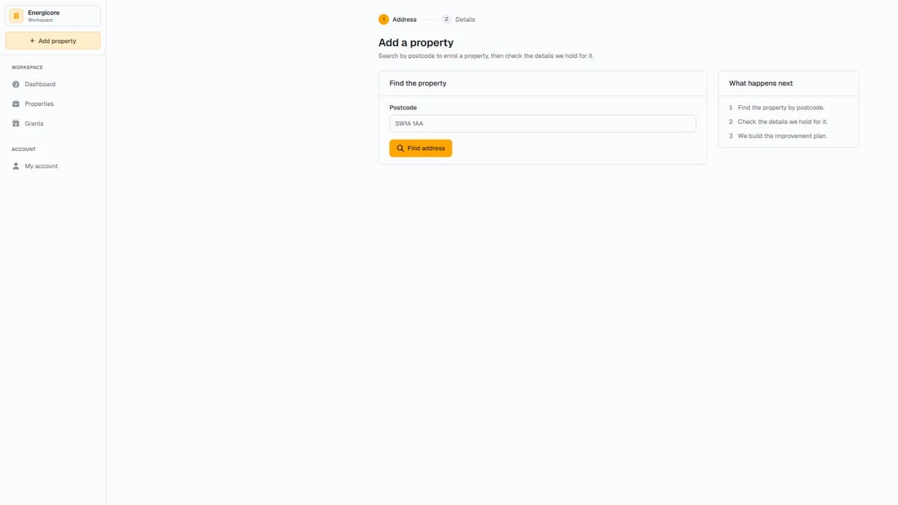 The Add a property form, with an empty postcode box