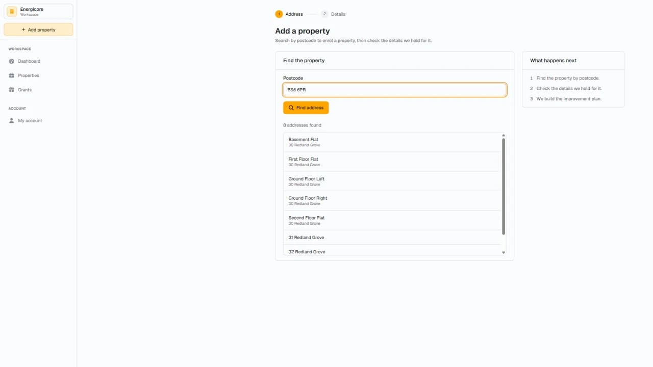 Eight addresses found for a postcode, listed under the search box