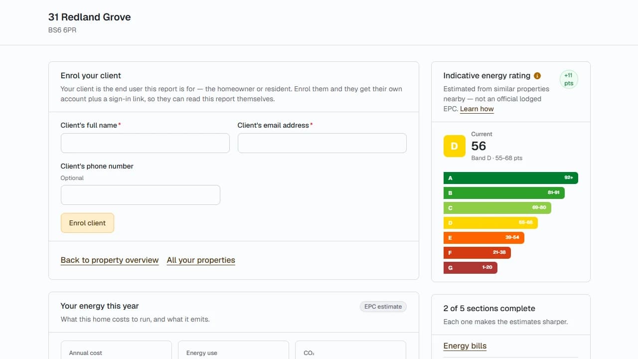 The top of the property dashboard, showing the address, the Enrol your client panel and the Indicative energy rating card