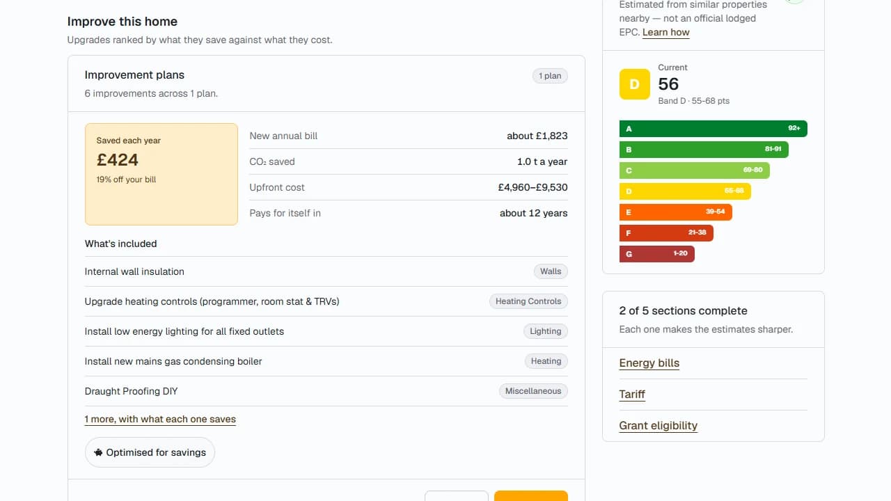 The Improve this home panel, showing the plan summary, payback period and the list of included measures