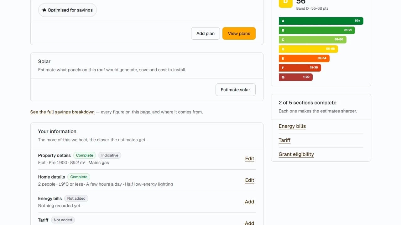 The Solar panel and the start of the Your information checklist
