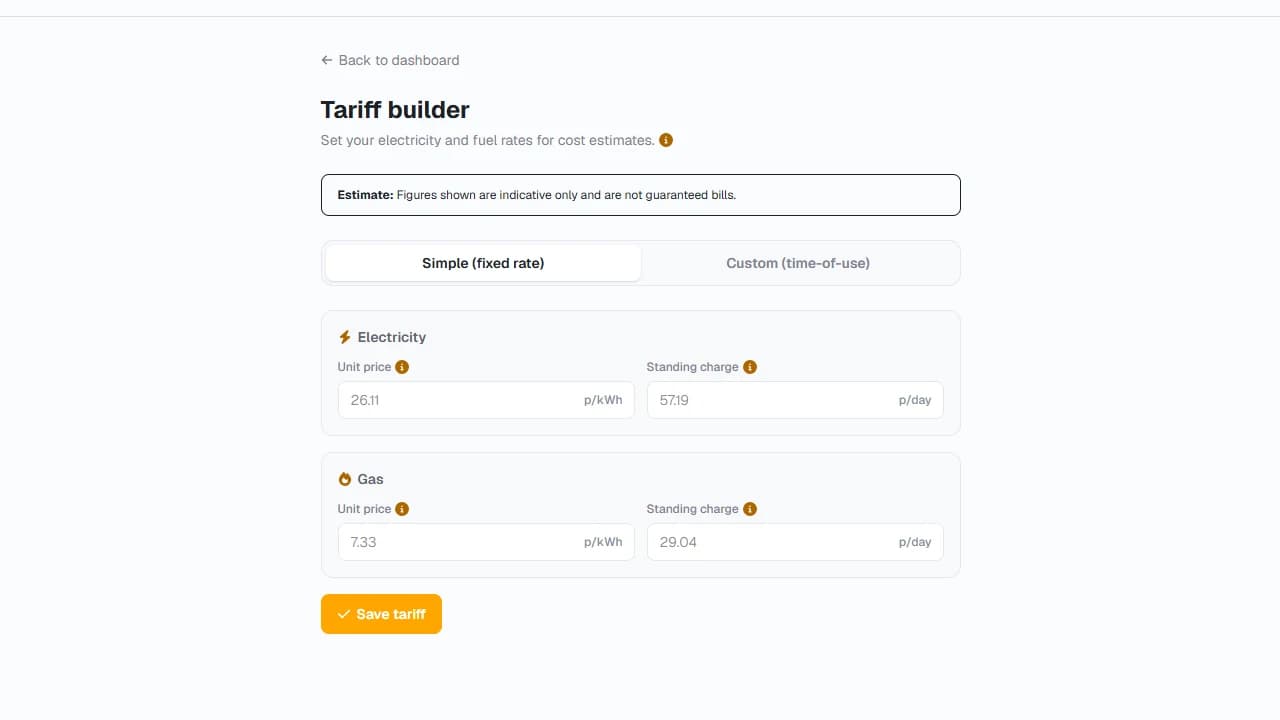 The tariff builder, with simple fixed rate fields for electricity and gas