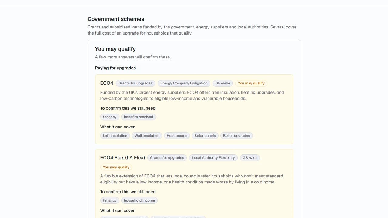 The Government schemes page, showing scheme cards with what is still needed to confirm eligibility